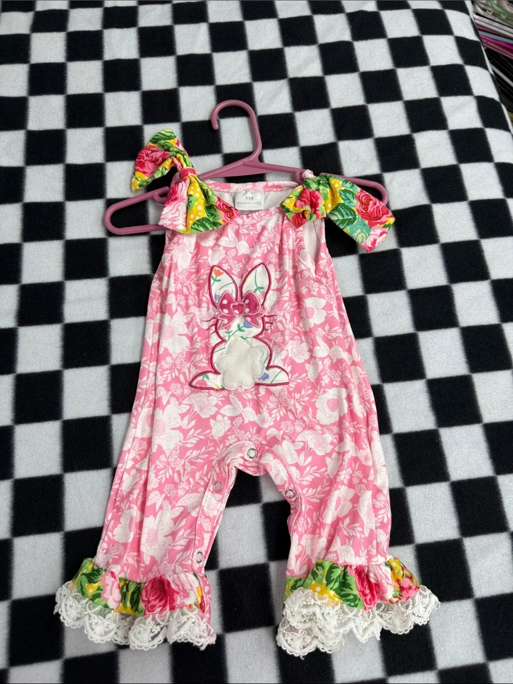 Pink Floral Bunny Romper with Green Floral Accent